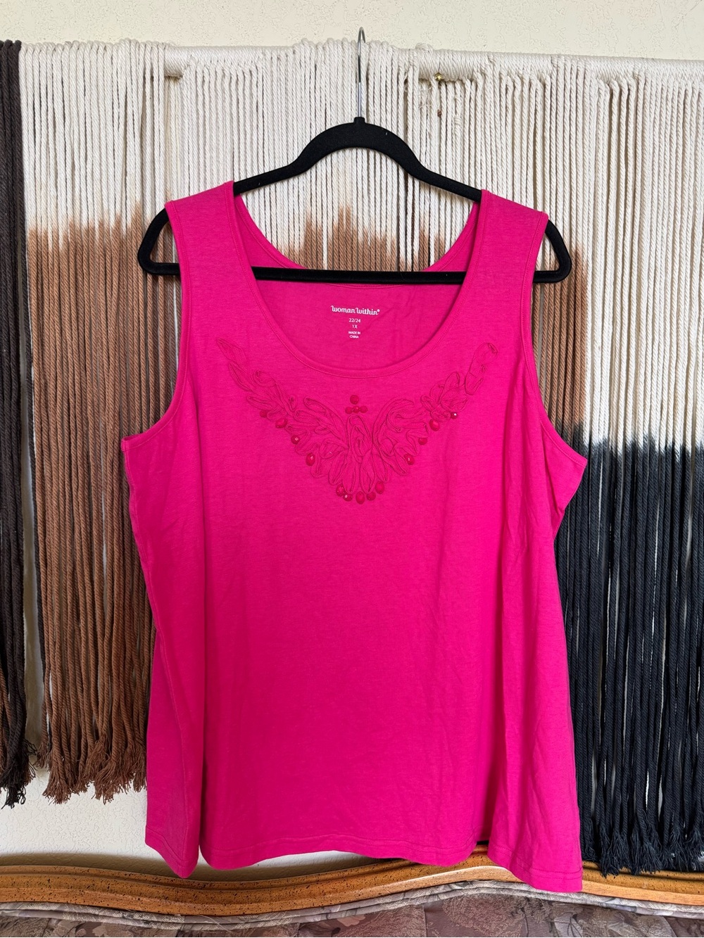 Pink Woman Within tank top with butterfly like design and beaded details